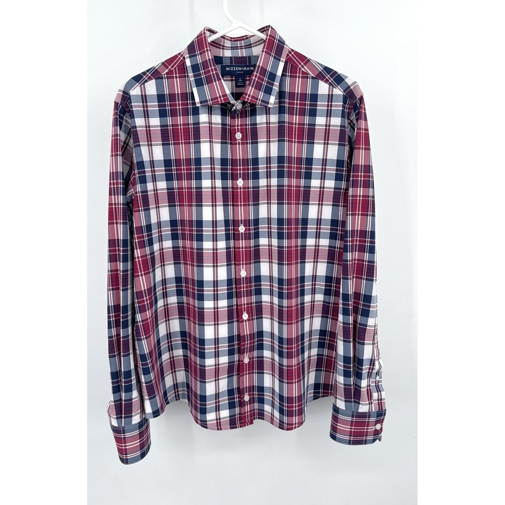 Mizzen+Main Leeward Dress Shirt Mens XL Trim Fit Plaid Burgundy Navy Blue‎ White